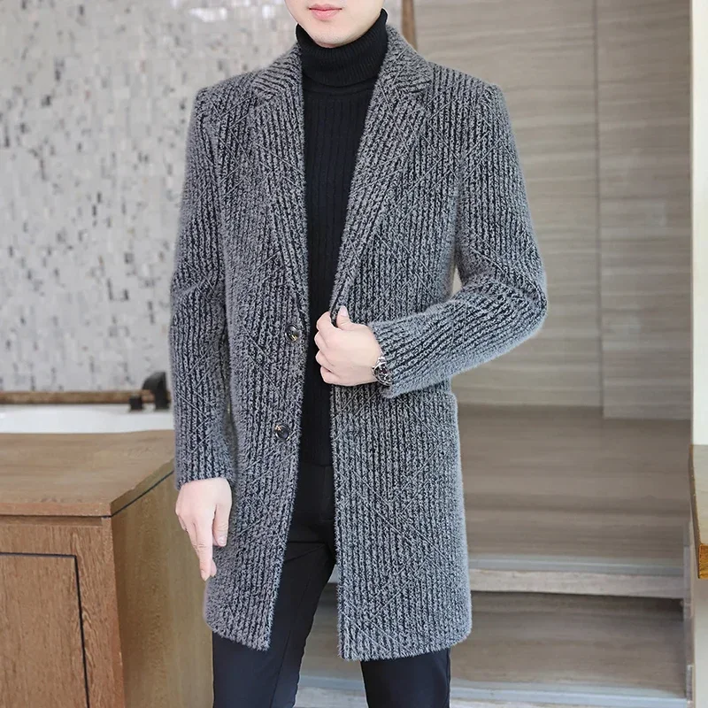 High-end Feel Men Fashion Handsome All Woolen Coat Suit Collar Long Trench Coat Woolen Coat Thick Casual  Winter Jacket Men