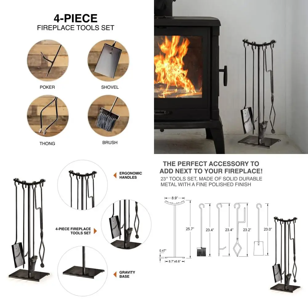 

Modern Black 5-Piece Fireplace Tool Set - Glossy Finish with Tongs, Poker, Shovel, Brush - 25x9x2-Inch Powder-Coated Cast Iron A