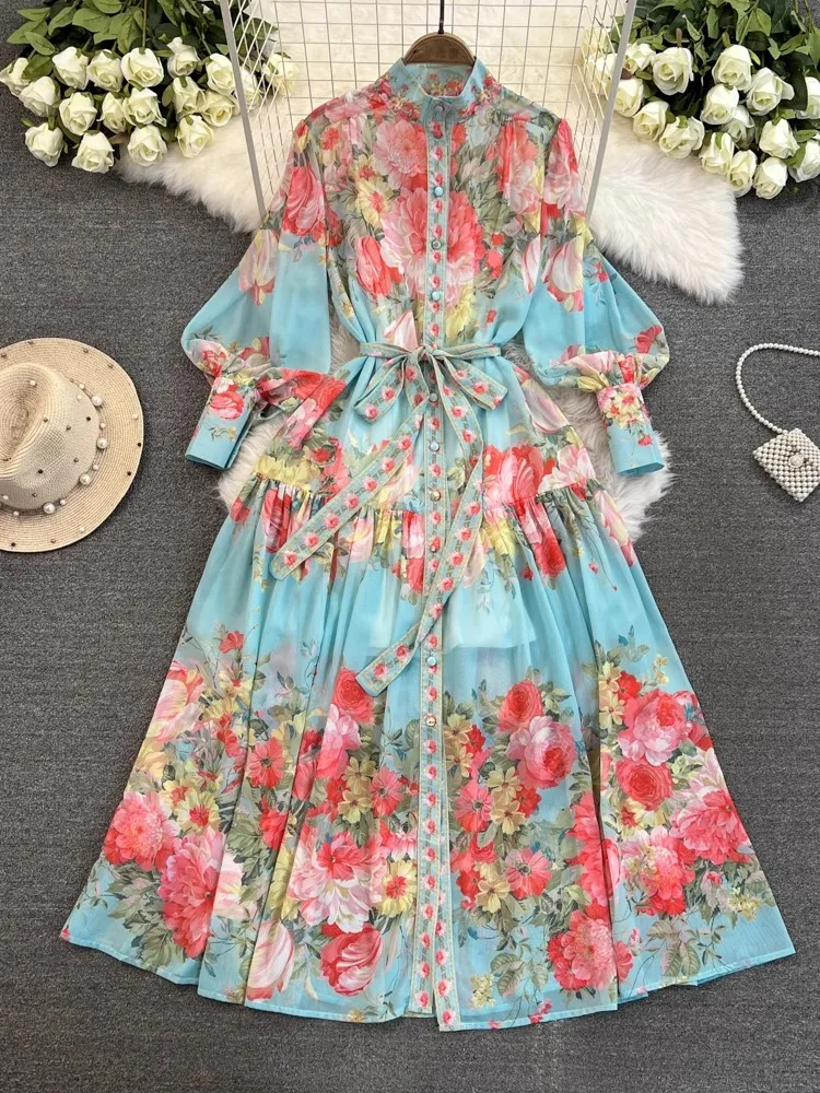 Summer Holiday Flower Chiffon Long Dress Women Stand Collar Lantern Sleeve Floral Print Belt Lace Up Boho Robe Vestidos 2049