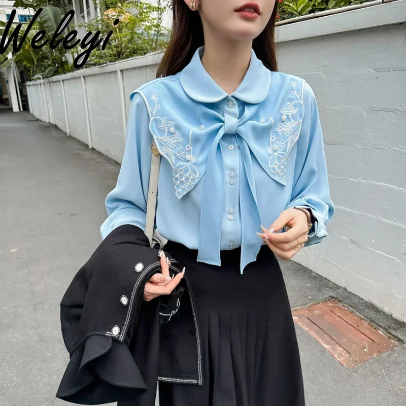 Autumn Loose Embroidery Blue Shirt Ladies 2024 New French Retro Long Shirt Sleeve Bowtie Shirts Unique White Bow Top for Women