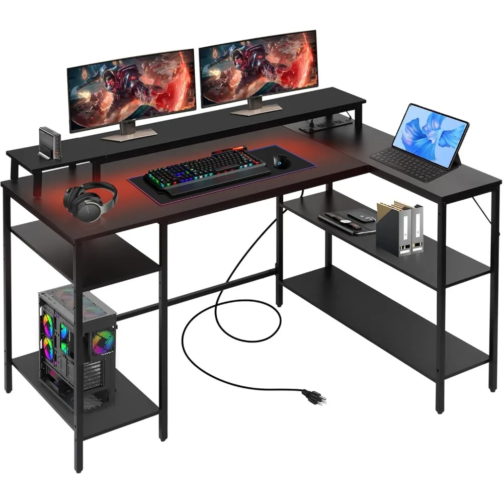 

L Shaped Gaming Desk with LED Lights & Power Outlets,Reversible Computer Desk with Stand & Shelves, Corner Desk Home Office