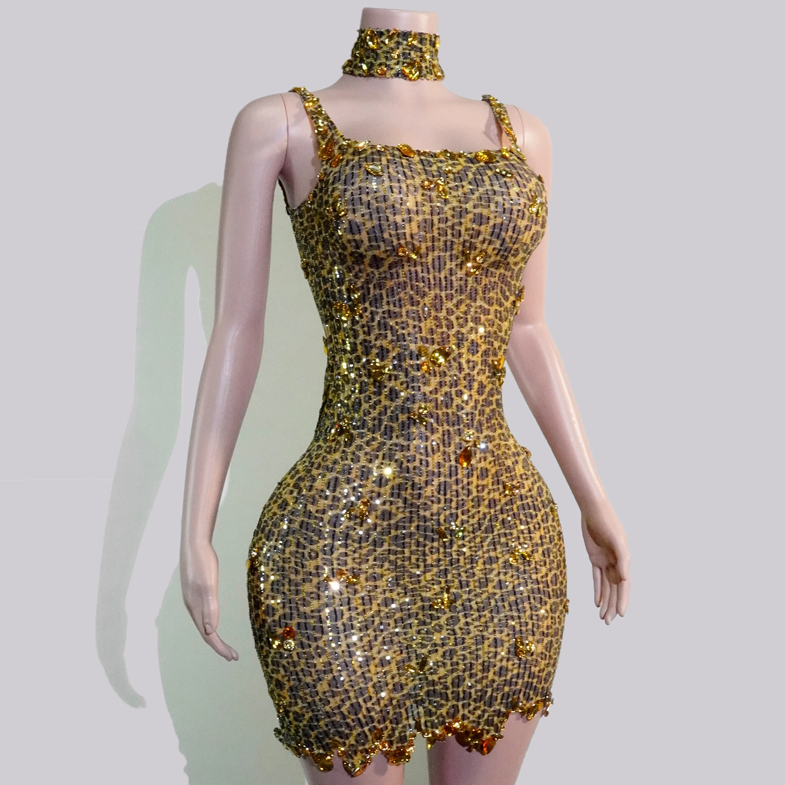 Robe en cristal imprimé léopard à paillettes dorées, vêtements de scène élégants, spectacle de chanteur, danse, Costume Drag Queen d'anniversaire