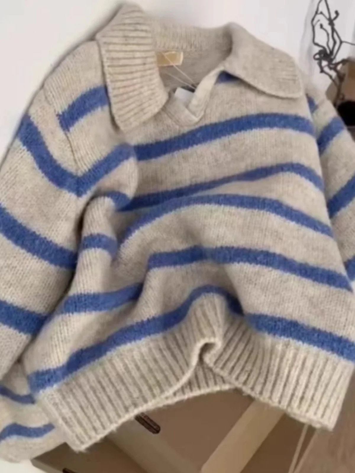 

Soft Blue Striped Ne Knit Sweater Women's ort Sle Spring Autumn New Lazy Top Commute Sle Regular Fit Long Sve