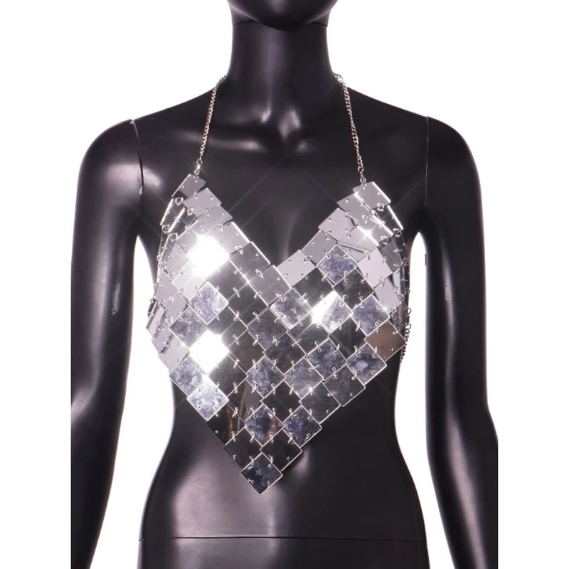 Women Hollowed Out Square Sequins Chest Chain Body Jewelry Backless Top