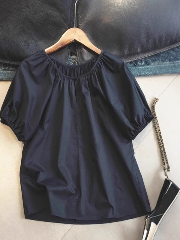 

Loose Bubble Sleeve round Neck Shirt Women's plus Size Korean Japanese Style Casual Pure Color Vintage Commute Fashion