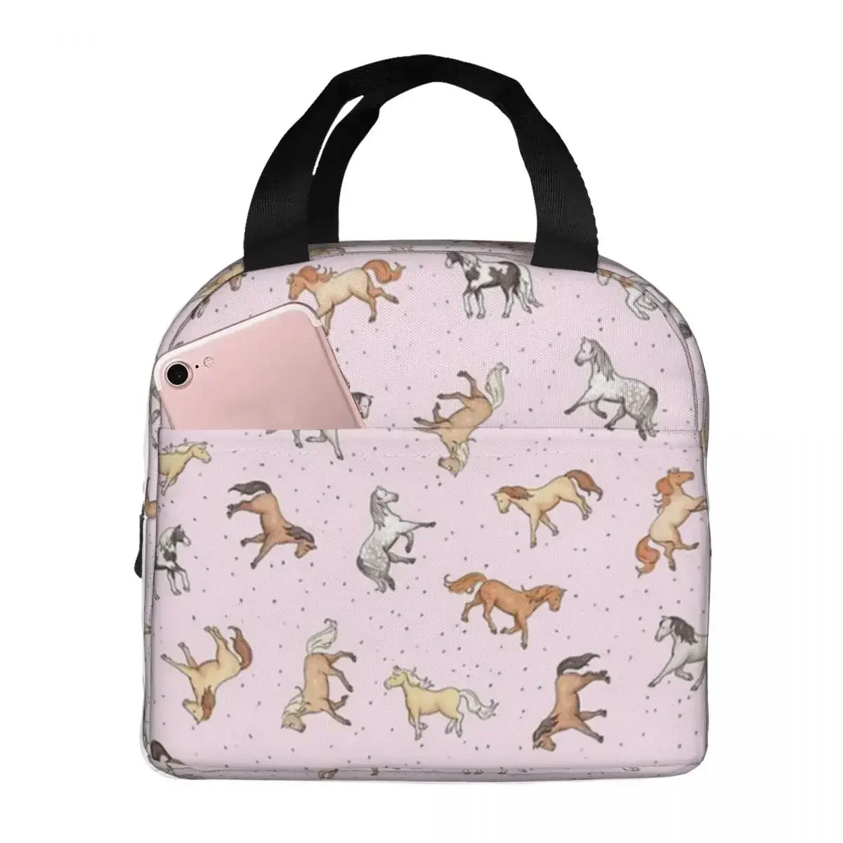 Scattered Horses Spotty On Cherry Blossom Pink Pattern Insulated Lunch Bags Resuable Picnic Bags Lunch Tote for Woman Work Kids