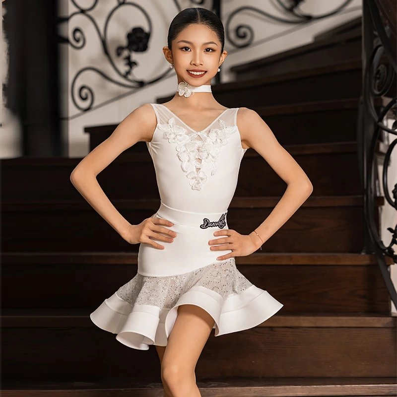 ラテンダンス衣装服女の子のノースリーブボディスーツトップス魚の骨スカートスプリットスーツ子供パフォーマンストレーニングウェア VBH1602