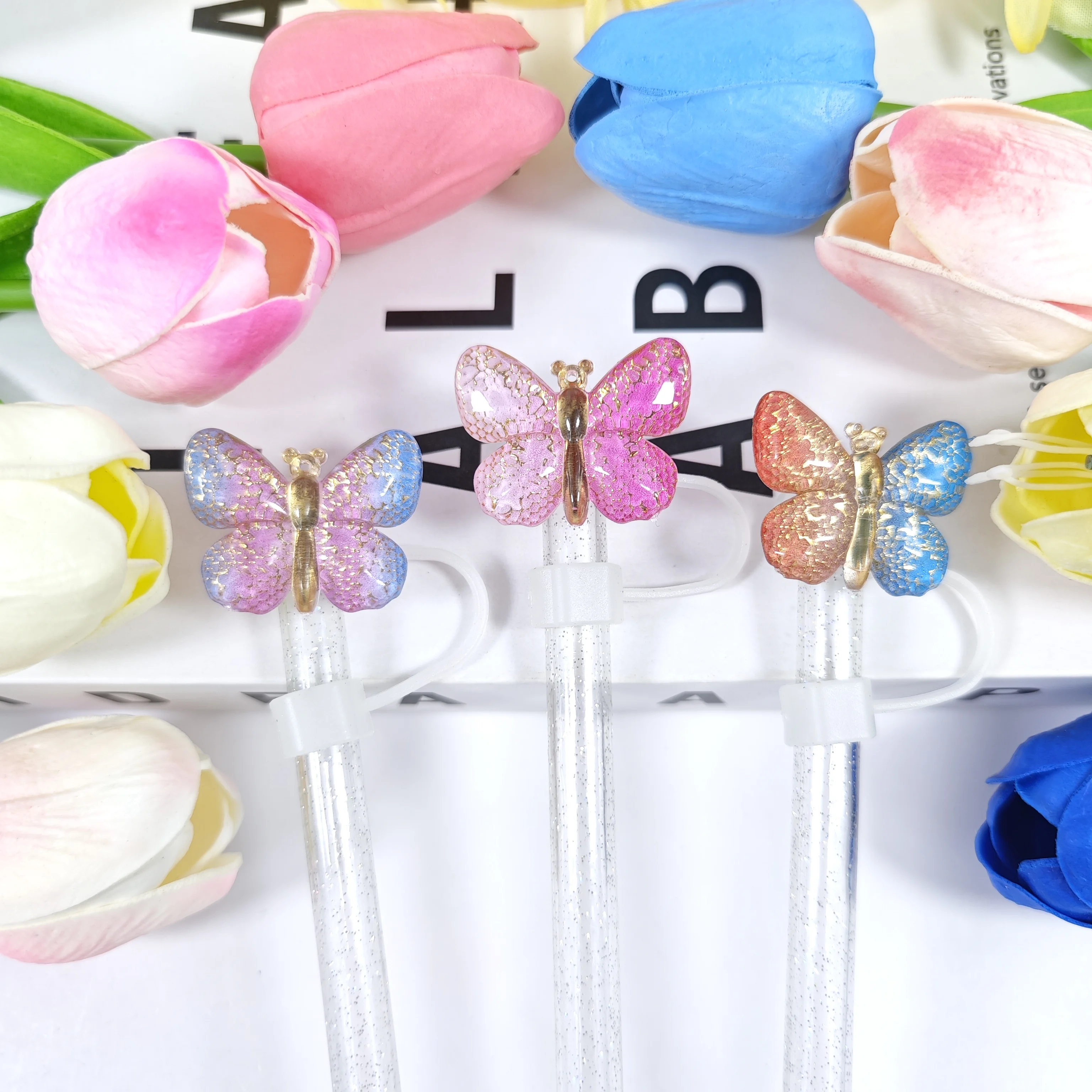 Creative Gradient Butterfly Series Cartoon Straw Cap, Soft Rubber Detachable Straw Dust Cap, Straw Cover