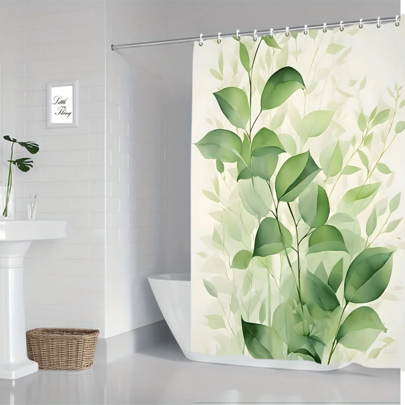 Water-Resistant Polyester Shower Curtain with Green Leaf Design - Machine Washable Woven Fabric, Nordic Fresh Style, Universal E