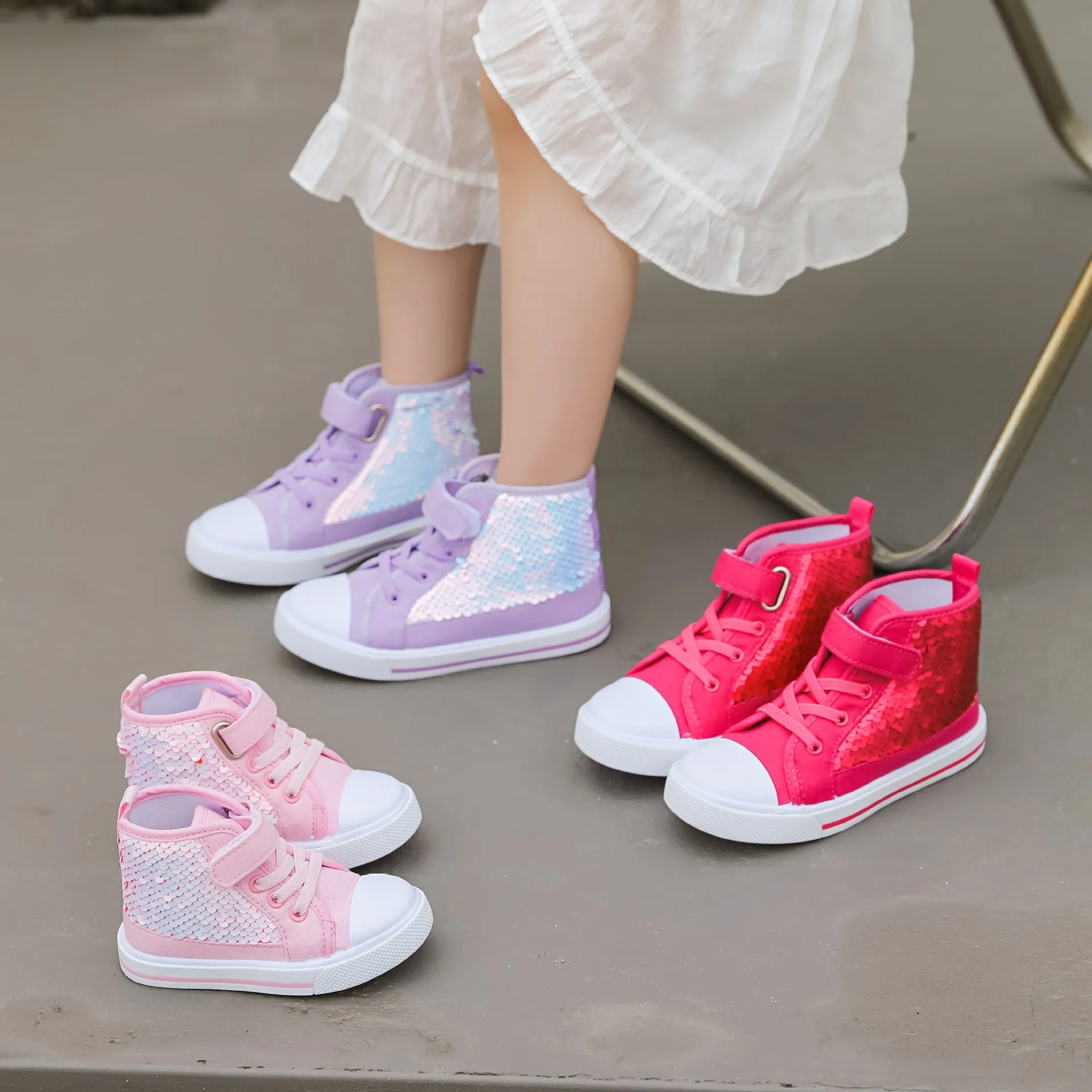 Children\'s Flat hook Loop High Help Canvas Shoes For Girls , Autumn Spring Kid\'s Sequin Fashion Student Sneakers H21