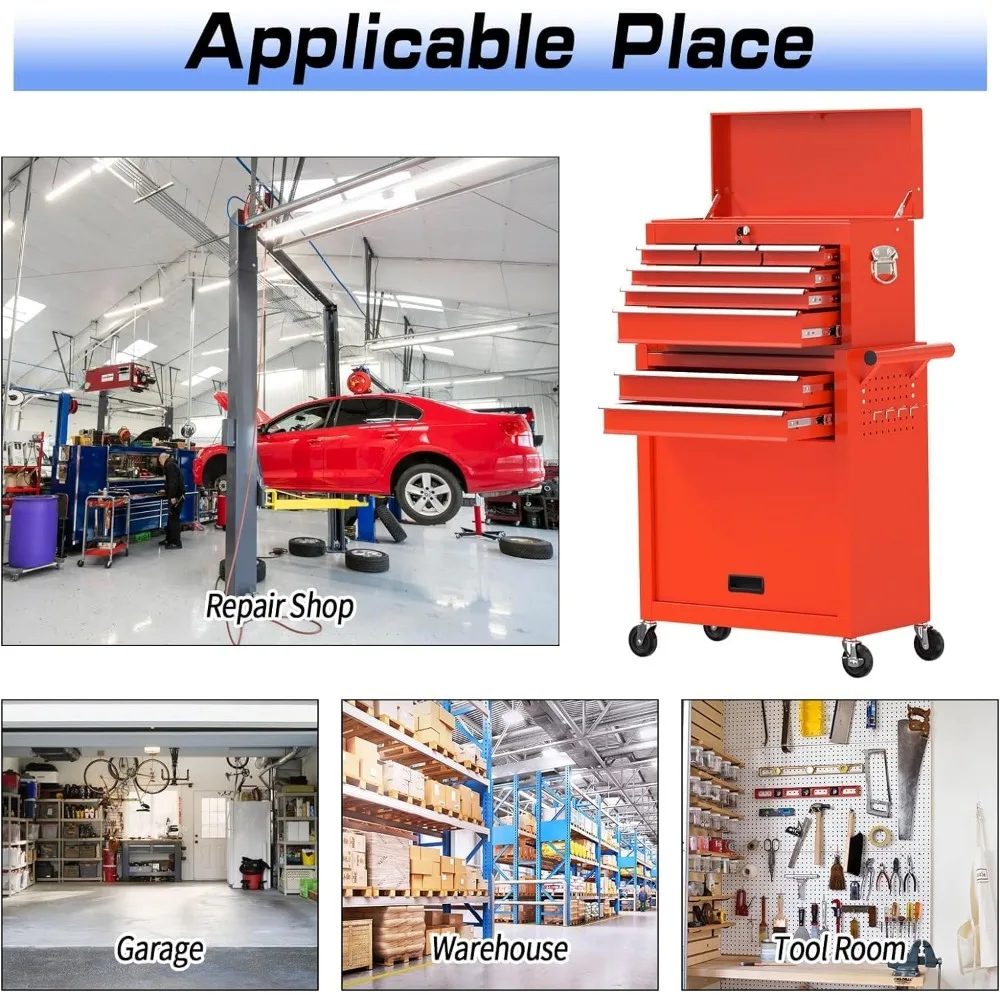 Baú de ferramentas de rolamento de 8 gavetas, caixa de ferramentas de alta capacidade com rodas e gavetas com fechadura, armazenamento organizador de caixa de ferramentas portátil 2 em 1