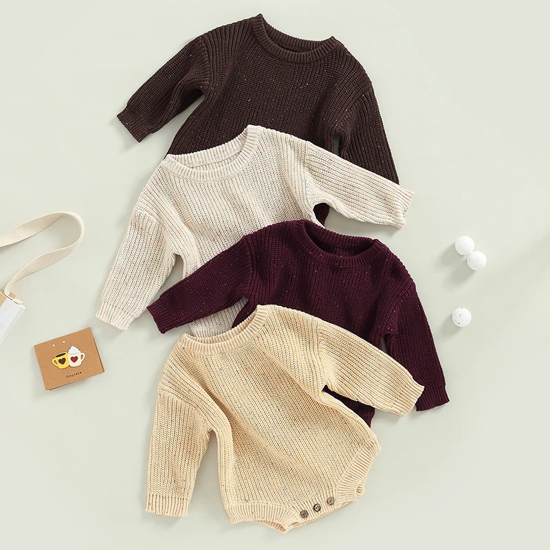 Newest Newborn Baby Knitted Long Sleeve Autumn Winter Sweater Romper, O-Neck Solid Color Speckled Crotch Button Bodysuit, 0-24M