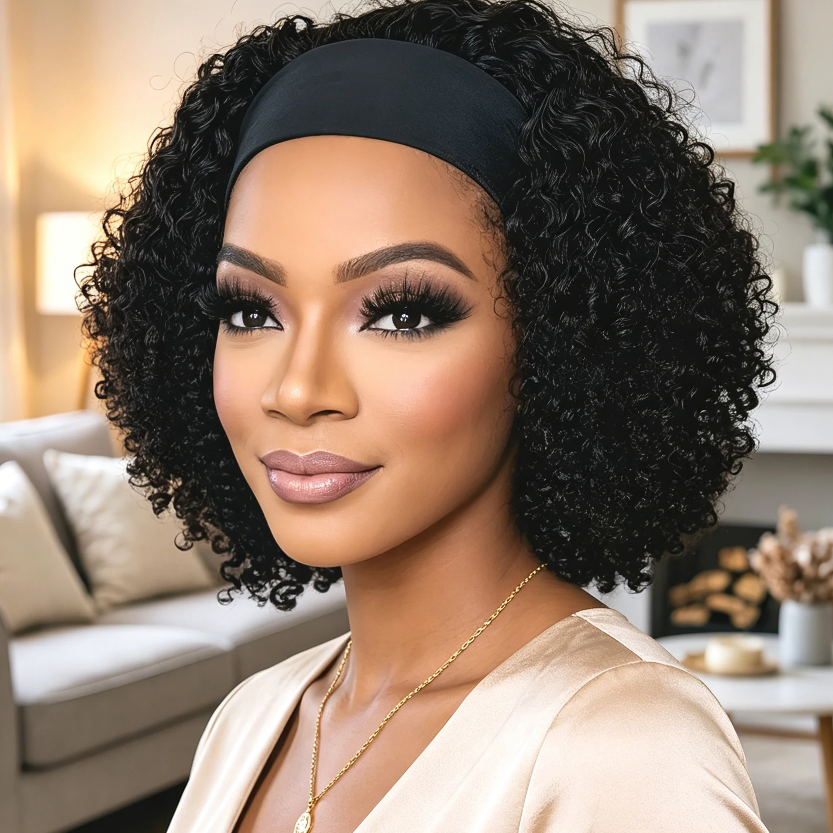 

250% Density Kinky Curly Headband Bob Human Hair Wig Natural Color Machine Made Fluffy Soft Ladies Daily Wear Wig