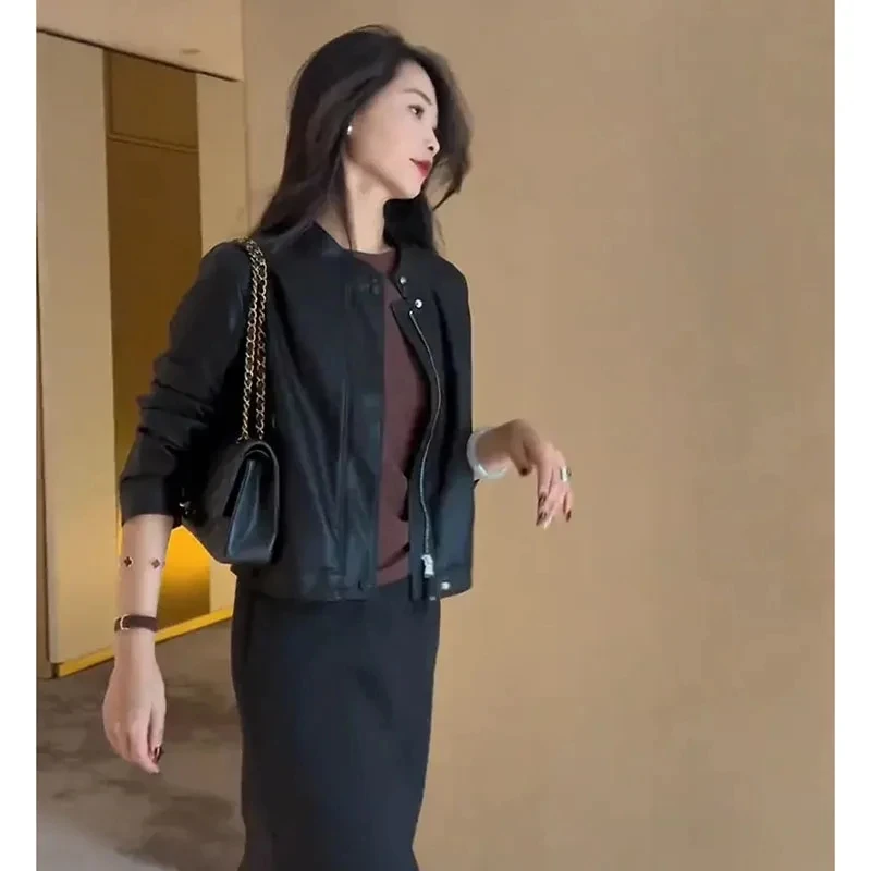 Chaqueta de cuero sintético para mujer, abrigo corto, holgado, informal, color negro, estilo coreano, para primavera y otoño, novedad de 2024