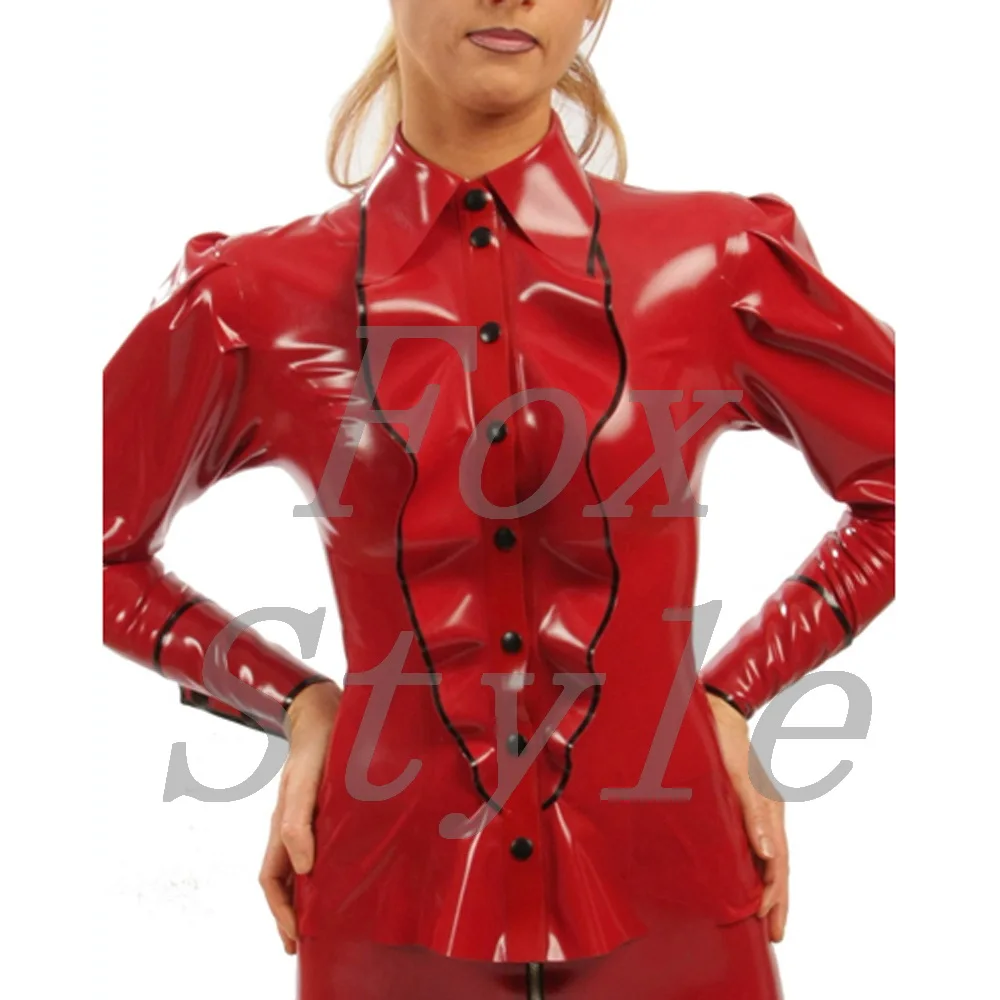 latex mandarin for women rubber blouse in red and black trim