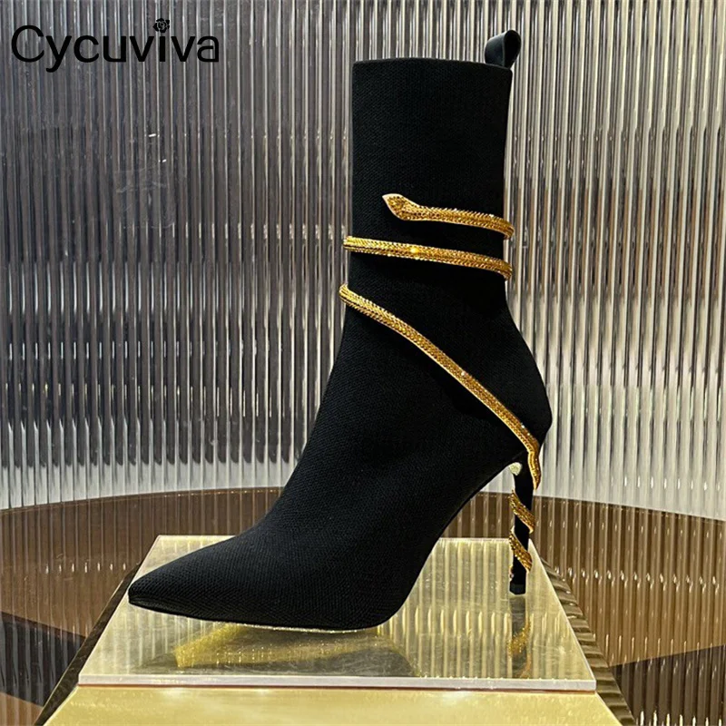 Designer New Knitting Ankle Boots Women Pointy Toe Crystal High Heel Short Boots Winter Fashion Party Chelsea Boots For Women