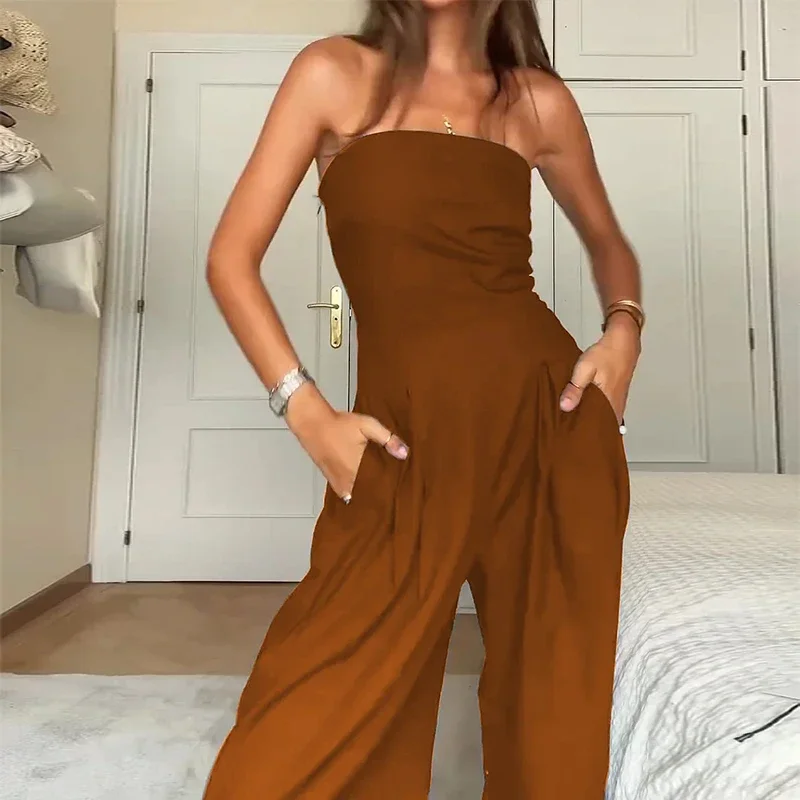 Wefads Jumpsuit Summer Women Casual Strapless Solid Sleeveless Nipped Waist Bandeau Loose Wide Legs Pants Romper High Streetwear