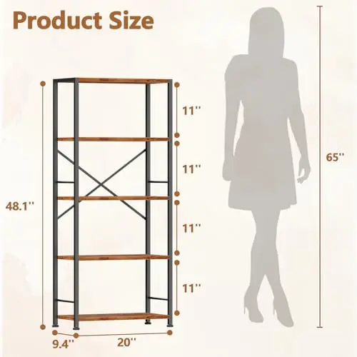 5 Tier Book Shelf Set of 2, Tall Wide Bookshelf, Rustic Brown | 20'' Wide Industrial Storage Shelves with X Crossbar image 4