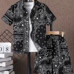 Conjunto de 2 piezas de estilo barroco Vintage para hombre, traje con estampado 3D, camisa de manga corta con solapa, pantalones cortos, traje de vacaciones de verano