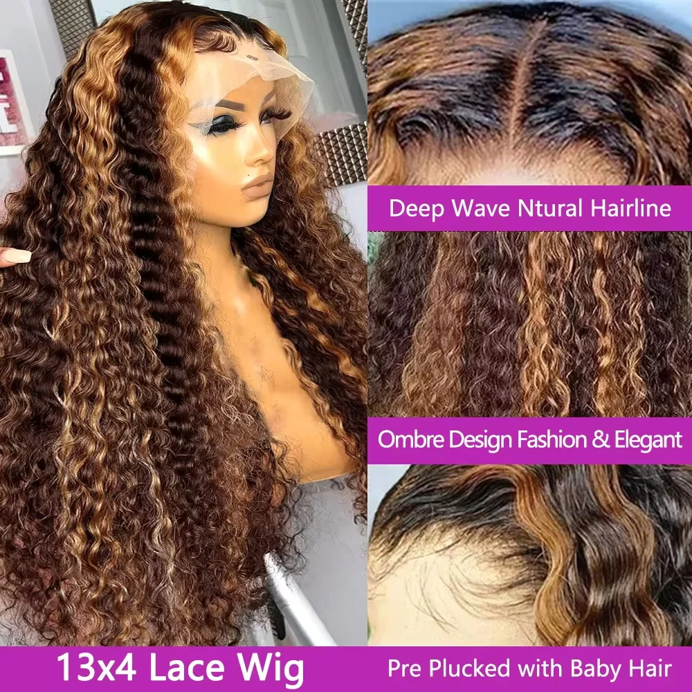 30 Inch 200 Dichtheid Highlight Honing Bruin Krullend Kant Voorkant Menselijk Haar Pruiken 13X6 13X4 Ombre Gekleurde Diepe Golf Lace Frontale Pruik