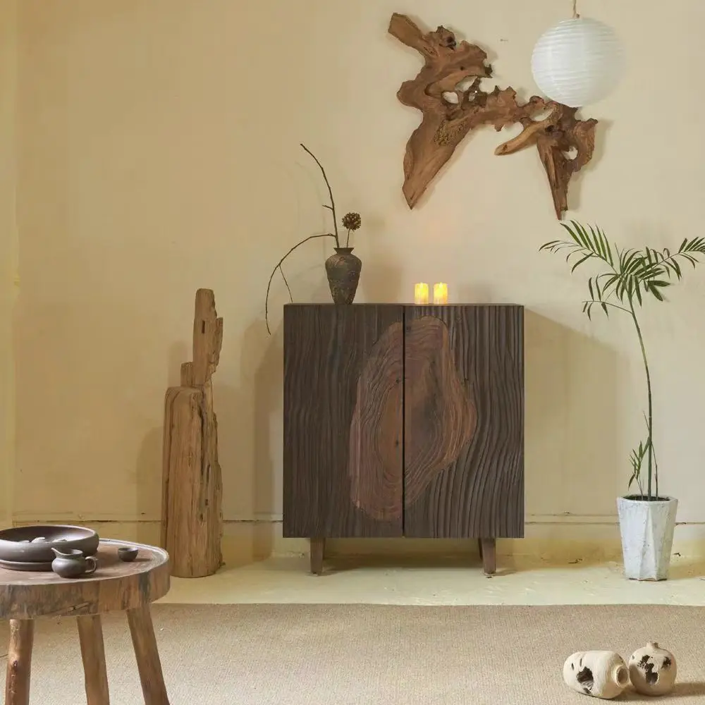 Retro old elm dining side cabinet solid wood creative locker wabi sandy wind double door tea cabinet