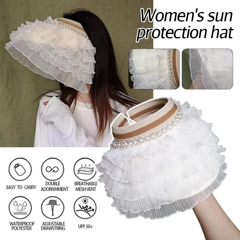 

New Girl's Sun Hat Fashion Pearls Layered Lace Ruffle Wide Brim Hats Summer Beach Vacation Sunscreen Empty-top Straw Cap