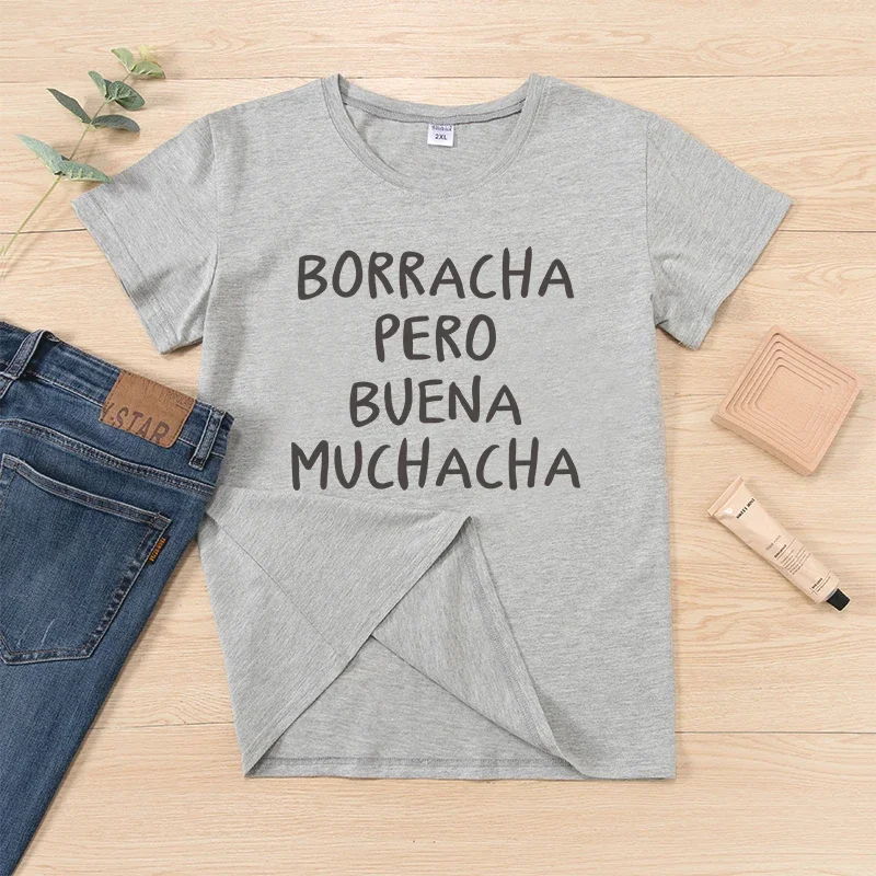 T-shirt DRUNK BUT GOOD GIRL Funny Spanish Basico Camiseta Mujer Letter Print Retro Women Crop Top Casual Short  Breathable  Tee