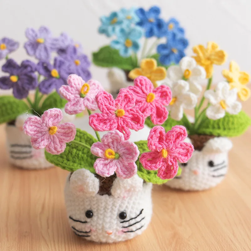 Creative Handmade Crochet Flower Forget-me-not Potted Desktop Ornament Office Bookshelf Living Room Home Decoration Holiday Gift