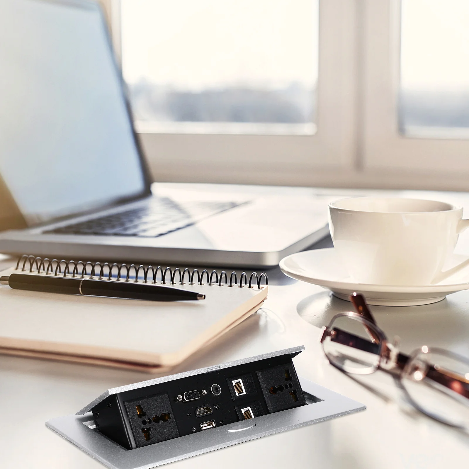 

Pop-Up Socket Hidden Desk Power Socket For Conference Table Connectivity Box Outlet Silver Aluminum Worktop Electrical Organizer