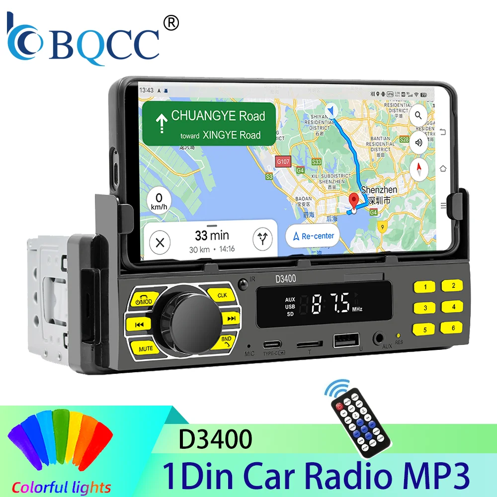 BQCC 1Din Autoradio mit Telefonhalterung Stereo-Player FM/USB/SD/AUX 7-Farben-Beleuchtung Verkabelungsschutz Fahrzeugortung