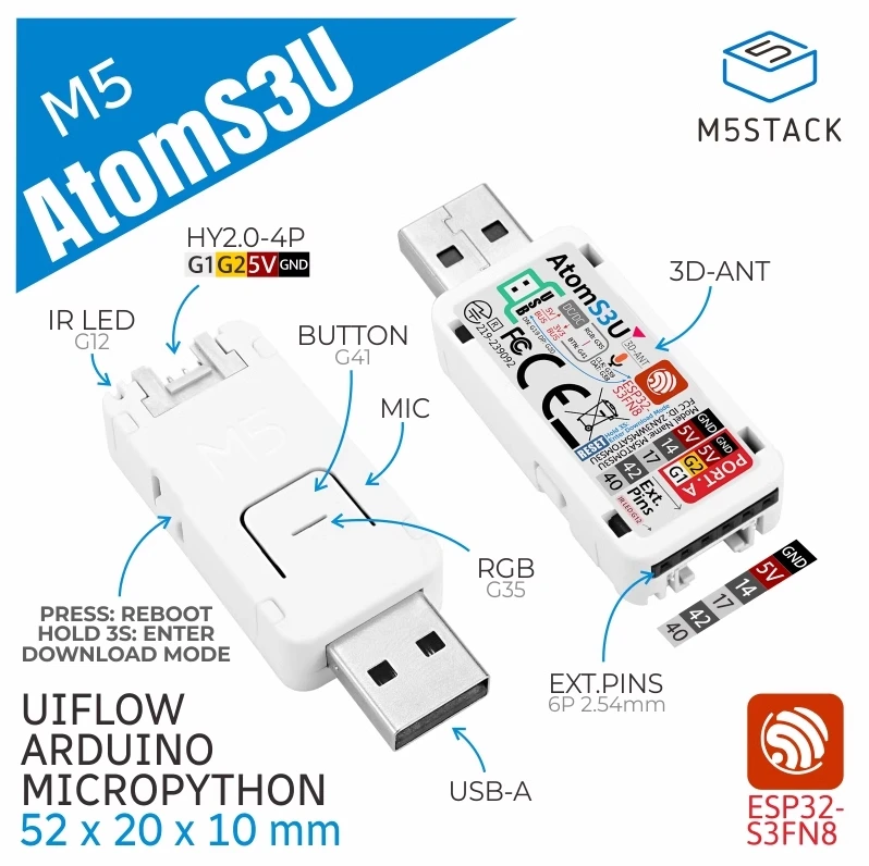 Desenvolvimento Kit com USB-A Interface, M5Stack AtomS3U ESP32S3