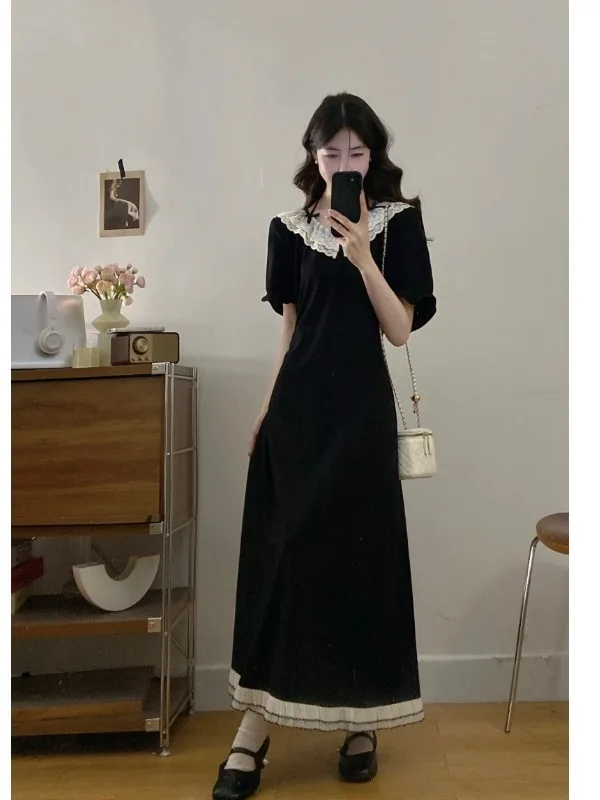 

Новое летнее хлопковое платье в корейском стиле для полных женщин: с кружевными вставками, воротником «Питер Пэн», приталенное, удлиненное, для повседневной носки