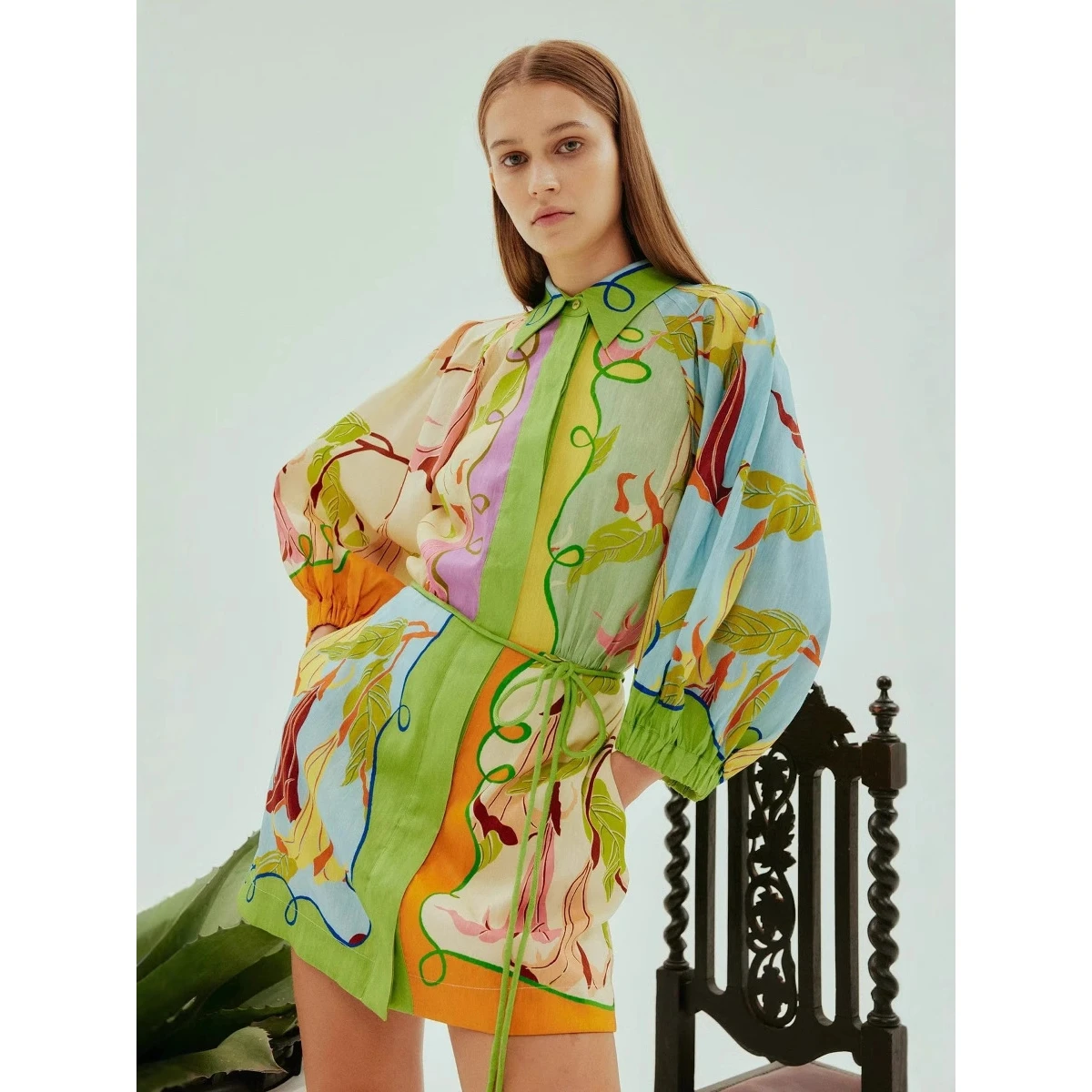 

Новинка 2025, женское льняное платье с принтом и поясом Ele Sle Long Sve, цветочный узор, трансграничная независимая станция