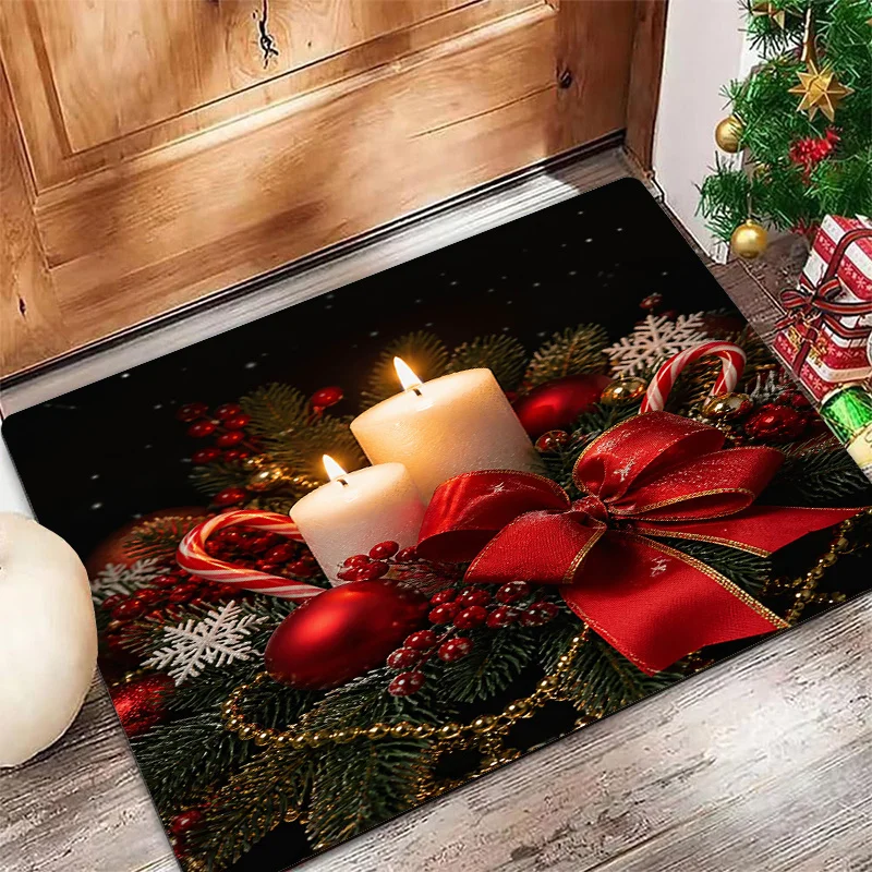 Merry Christmas Snowman Bell Red Warm Glow Star Candy Cane Print Non Slip Soft Rug For Season Home Entrance Decoration