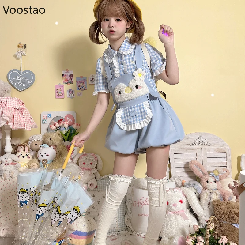 Sweet Lolita Style Shorts Set Women Kawaii Cartoon Embroidery Shirt Overalls Short Pants Suit Japanese Girl Cute Bloomers Shorts