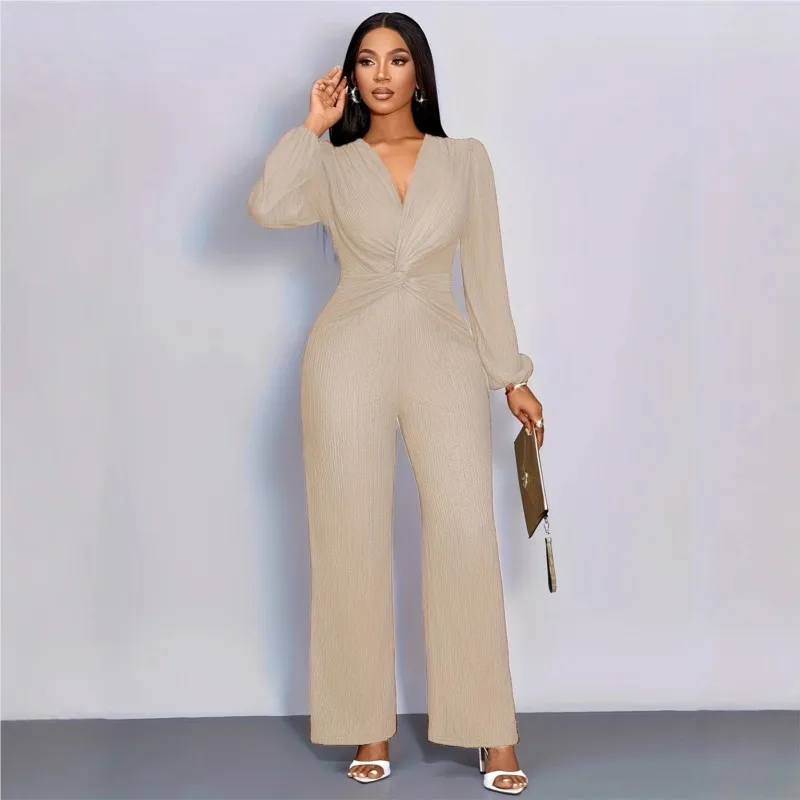 

Jumpsuits For Woman Spring Autumn New V-neck Long Sleeve Slim Femme Jumpsuit Fashion Waist Wrinkle Wrinkled Hip Elegant Jumpsuit