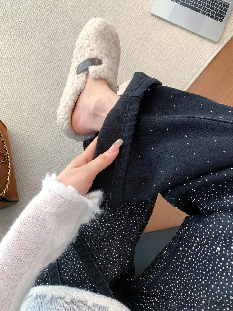 Women High Waist Black Jeans Autumn Winter Warm Fleece Liner Straight Trousers Fashion Diamonds Casual Female Denim Pants New