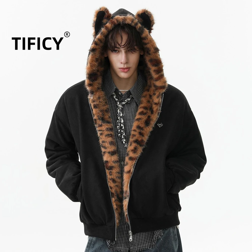 New Winter Warm Thick Plush Padded Coat Men's Mountain Carving Tiger Pattern Hairy Collar Rascal Handsome Couple Coat