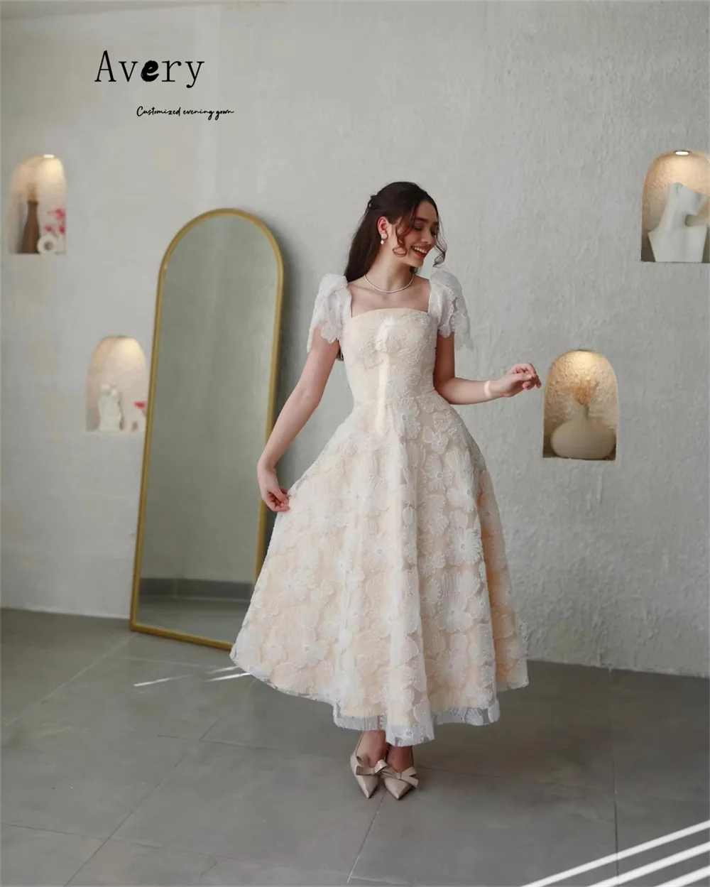 Avery-vestidos de noche elegantes de manga corta con encaje de flores personalizados para mujer, vestidos de noche de lujo, vestido de baile para mujer 2025