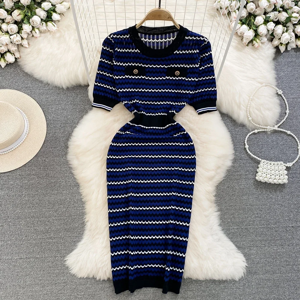 Blaue Frauen lässig gestrickt lockeres Kleid o Hals kurze Ärmel Streifen hoch elastische Streetwear koreanischen Stil Bodycon Maxi Sommerkleid