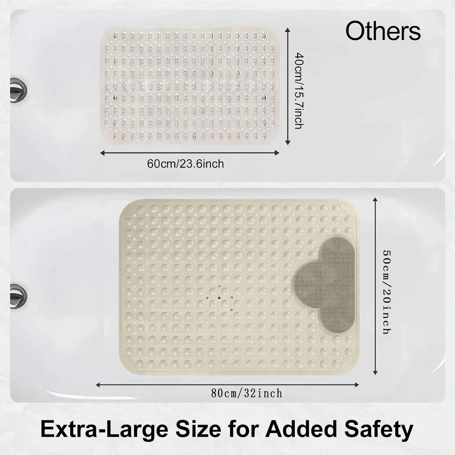 Large Cloud-Shaped Non-Slip Shower Mat 20x32 Inch with Drain Holes And Strong Suction Cups - Foot Scrubber Pad for Bathroom Safe