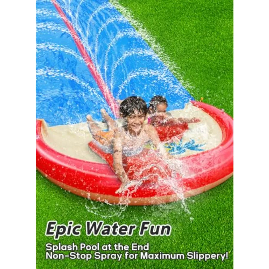 Outdoor backyard water slide for kids and adults, heavy-duty PVC, blue and yellow, 32FT extra-long dual-lane with sprinklers an