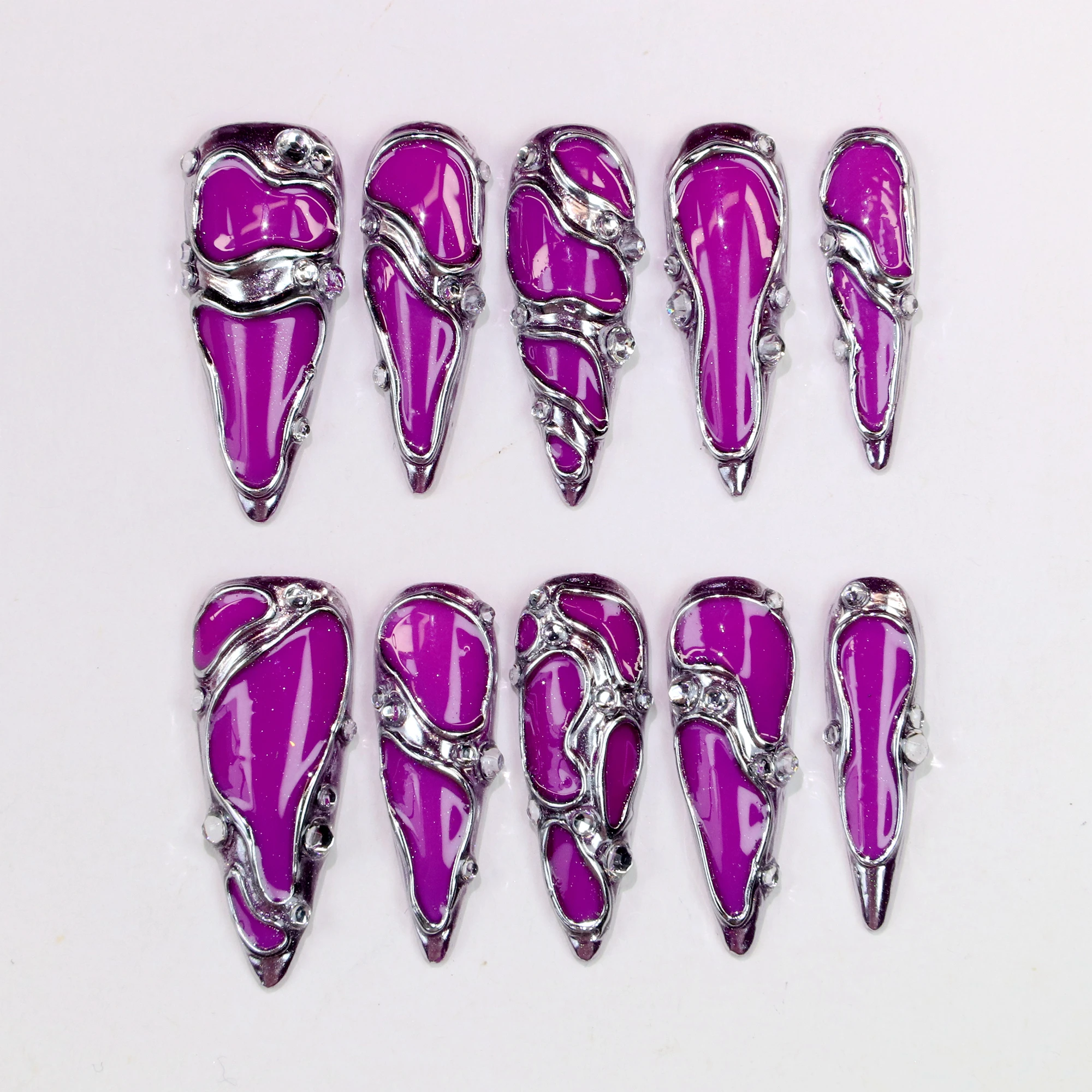 10 szt. Ręcznie robione, długie paznokcie sztyfty 3D, błyszczące, personalizowane, ręcznie malowane, fioletowe paznokcie w stylu gotyckim, odpowiednie na imprezy weselne.