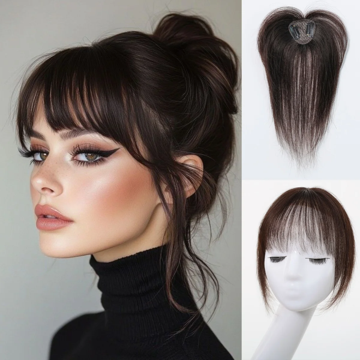 

HAIRCUBE Brown 100% Remy Human Hair Toppers with 3D Wispy Bangs Hairpieces for Women Thin Hair Real Human Hair Topper Clip In