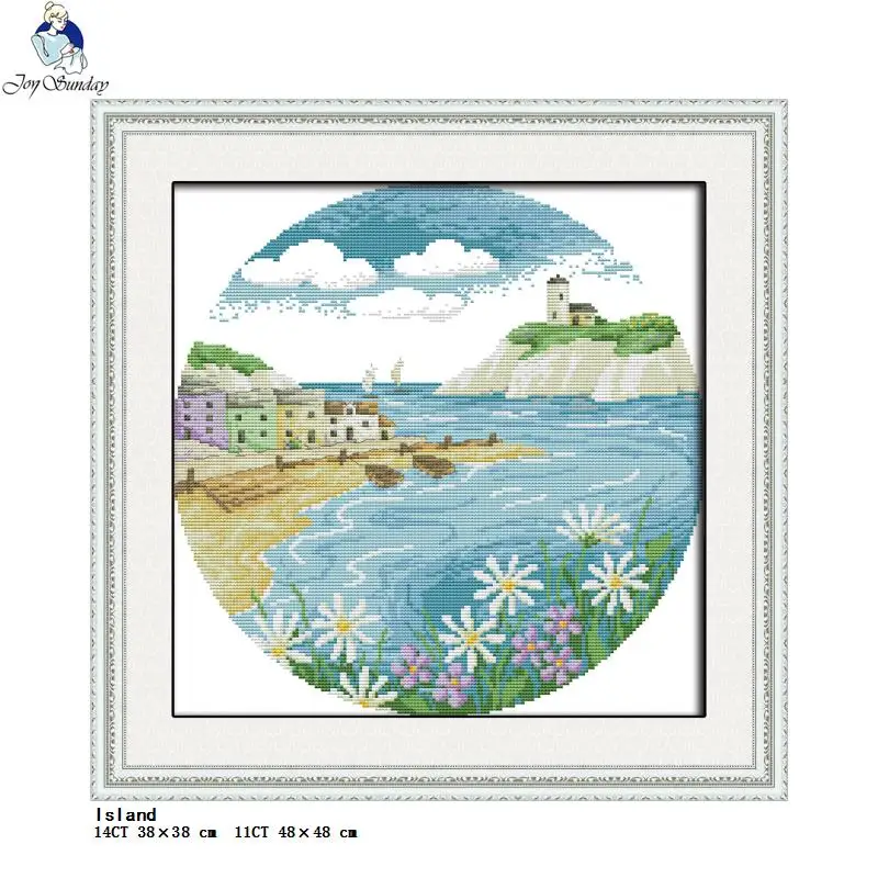 Round Scenery Painting Series Joy Sunday Counted Cross Stitch Kit 14CT 11CT White Fabric Printed Needle & Thread Set Home Decor
