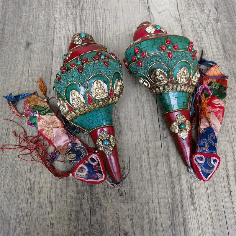 1Pc Nepalese Dhyani Buddhas Conch Large Size Bell Conch Turquoise Triton Musical Instrument Home Exquisite Decoration Ornament