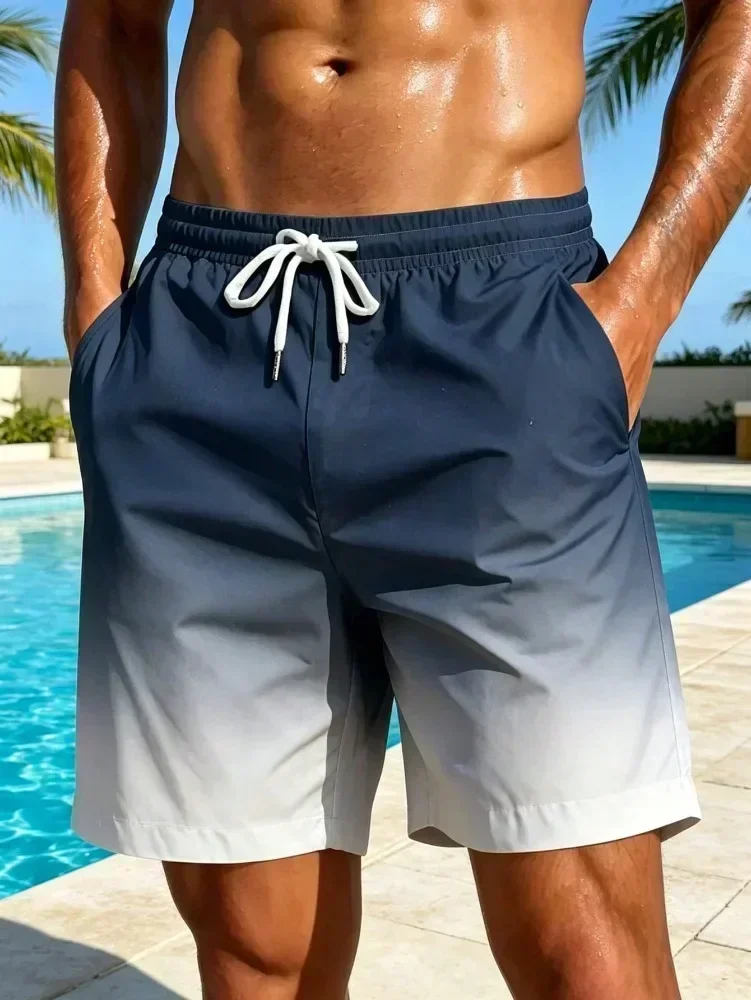 Men's Beach Shorts Gradient Color Block Drawstring Summer Men's swim Trunks Elastic Waist 3D Print  Breathable Short Streetwear