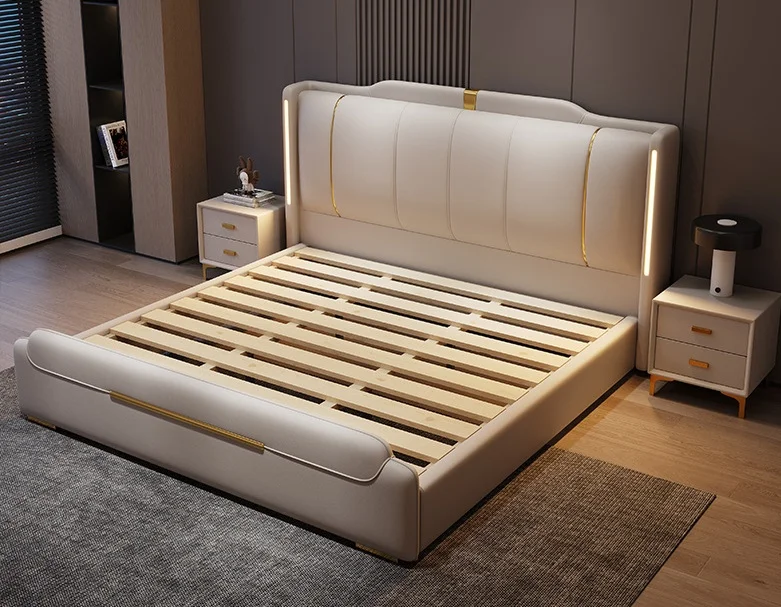 Wholesale Modern King Size Microfiber Leather Bed Luxury Bedroom Furniture Set Wooden Frame Soft Upholstered Beds Led Light - view 4