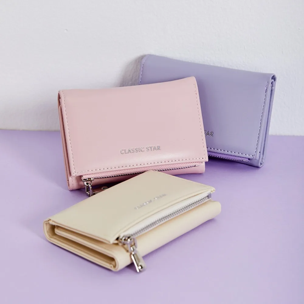 

Portable Triple Fold Short Wallets PU Leather Solid Color Coin Purse Multi-slot Card Holder Women
