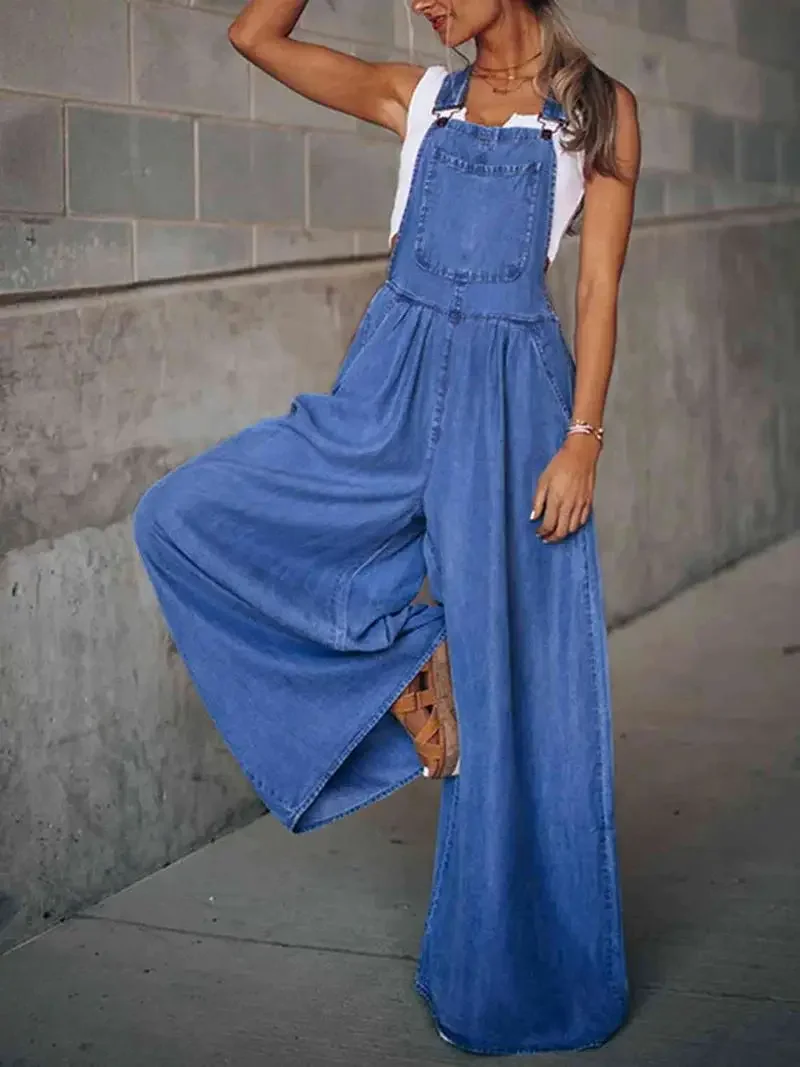 Women Sleeveless Long Loose Wide Leg Pants Jumpsuits Overall Full Length Denim Jeans Jumpsuit